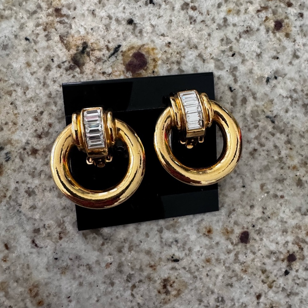 Vintage Gold Hoop Drop clip on Earrings with Clear Baguette Accents